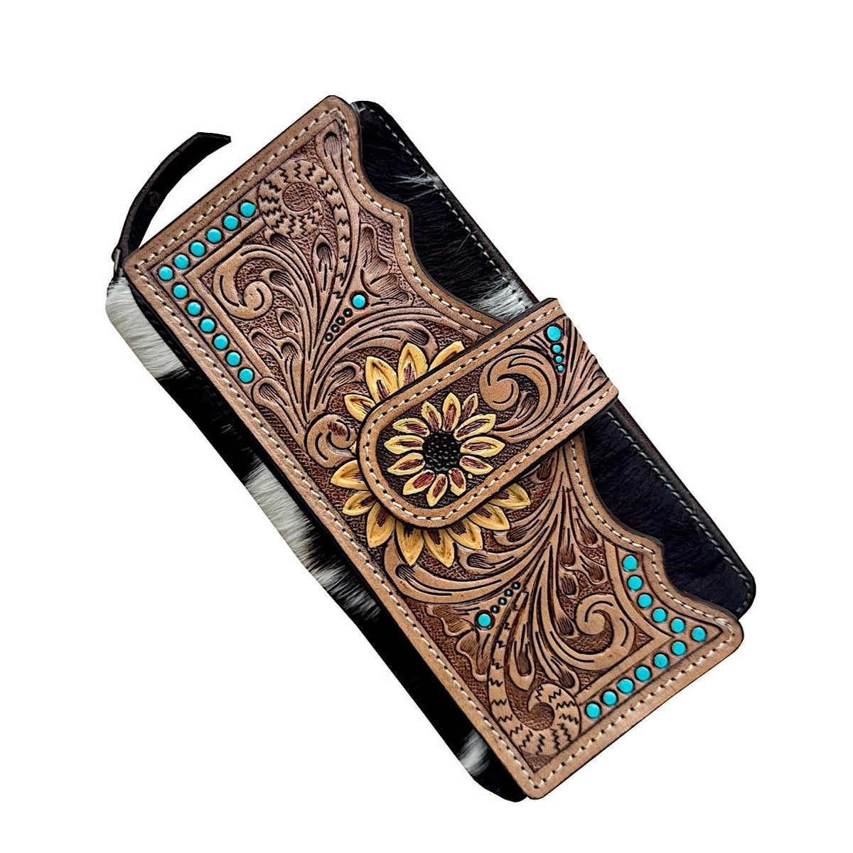 The Design Edge Women’s Cowhide Sunflower Tooling Leather Zippered Wallet – Brown