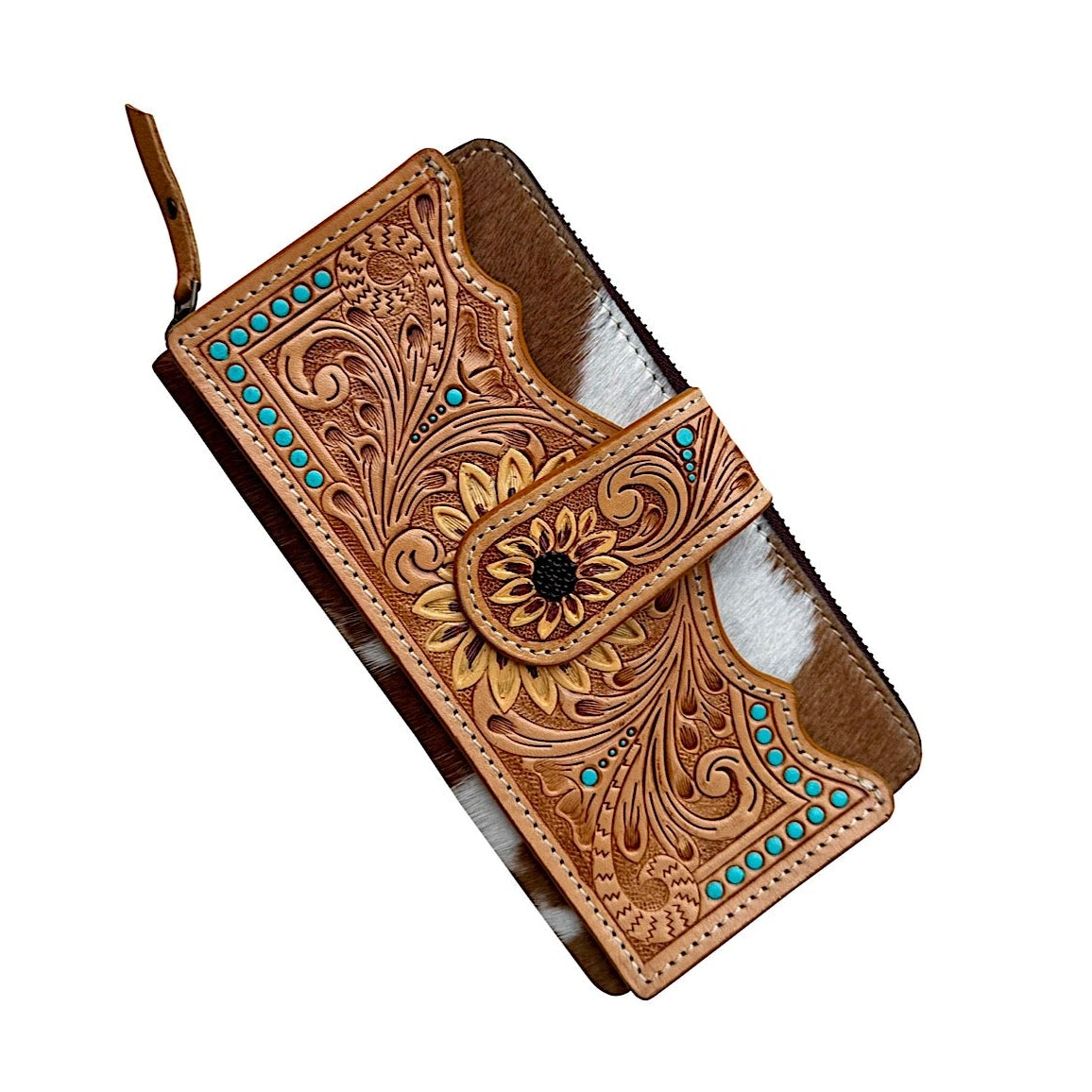 The Design Edge Women’s Cowhide Sunflower Tooling Leather Zippered Wallet – Tan