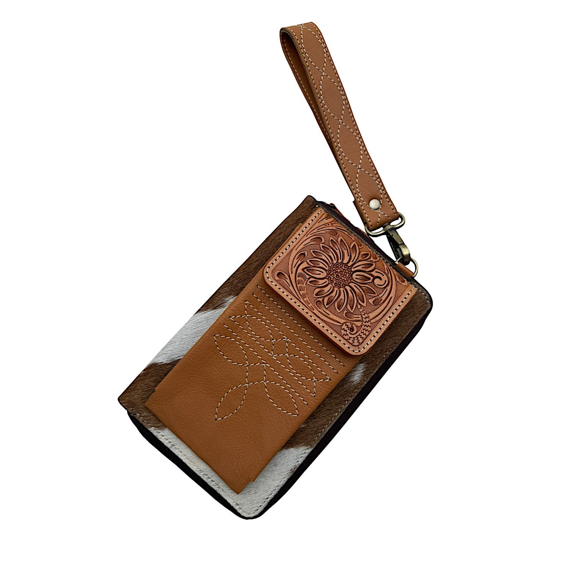 The Design Edge Womens Tooling Cowhide Boot Stitch Clutch Wallet – Tan