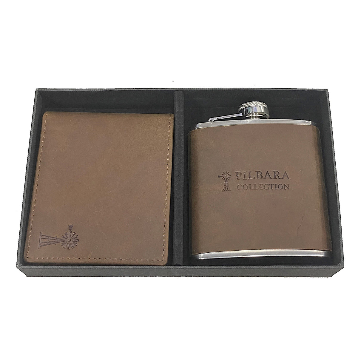 Pilbara Leather Wallet & Hip Flask - Brown