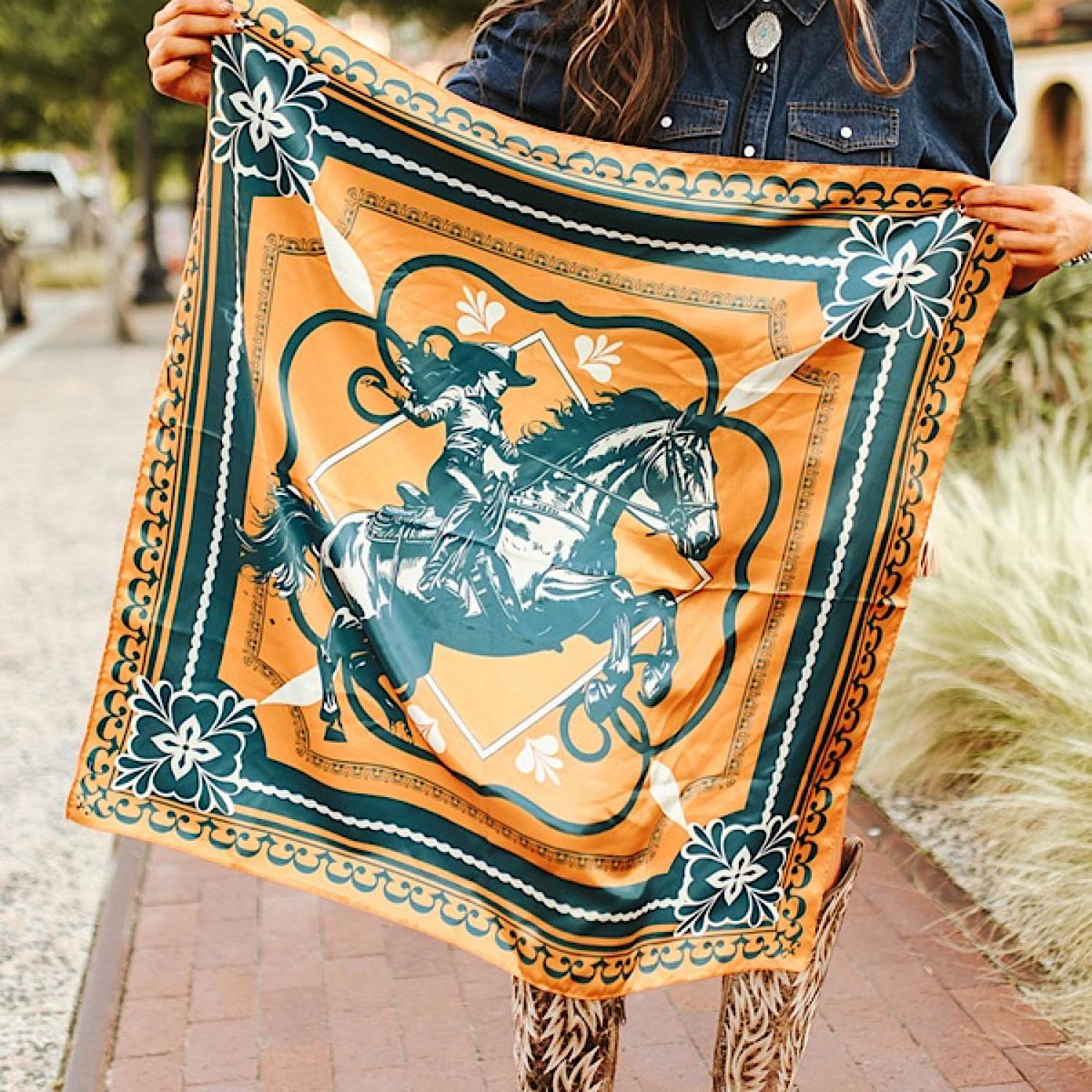 Lucky & Blessed Mustard Jade Cowgirl Horse Double Sided Printed Wild Rag