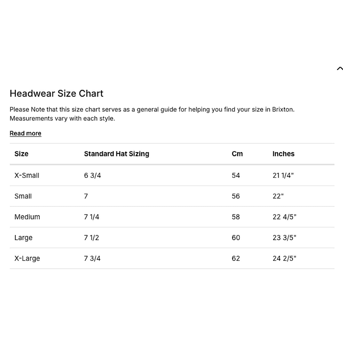 Brixton Headwear Size Chart