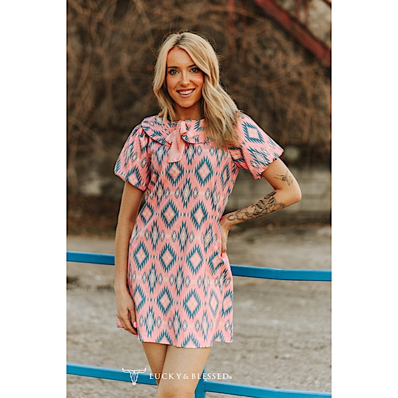 Lucky & Blessed Pink Teal Aztec Printed Big Collared Puff Sleeve Bow Nicktie Dress