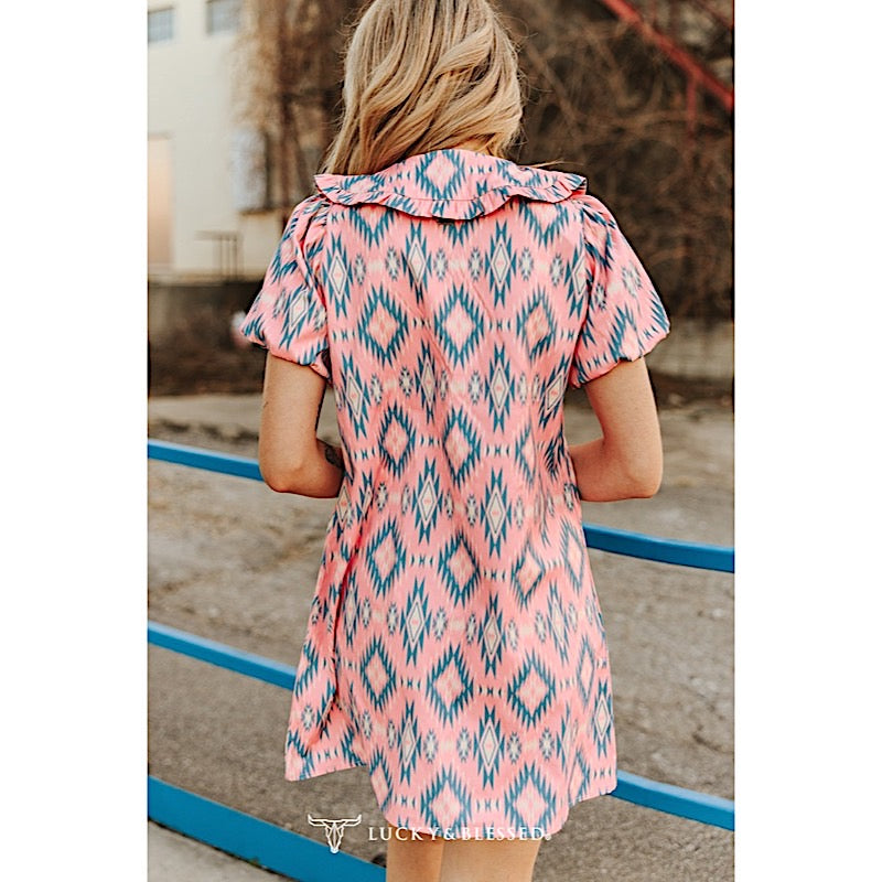Lucky & Blessed Pink Teal Aztec Printed Big Collared Puff Sleeve Bow Nicktie Dress