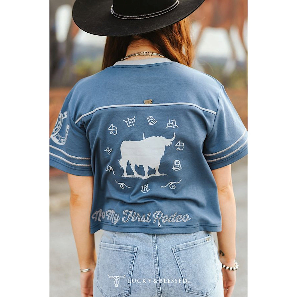Lucky & Blessed Women's Kicking Bronco Printed Contrast Jersey Shirt - Oxford Blue