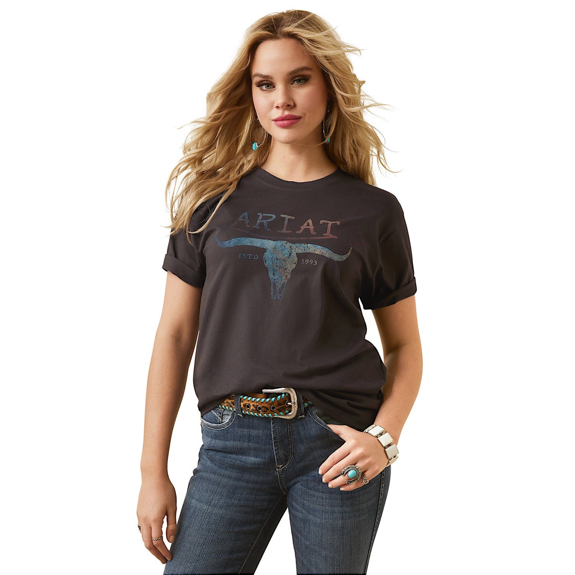 Ariat WomensPatina Steer S/S Tee Washed Black