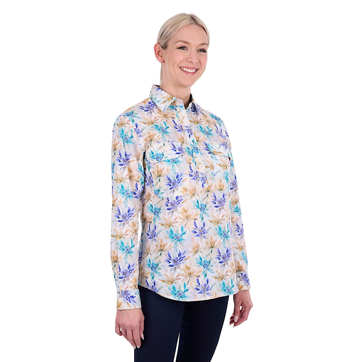 Hard Slog Women's Meadow Half Placket Shirt - Blue Multi