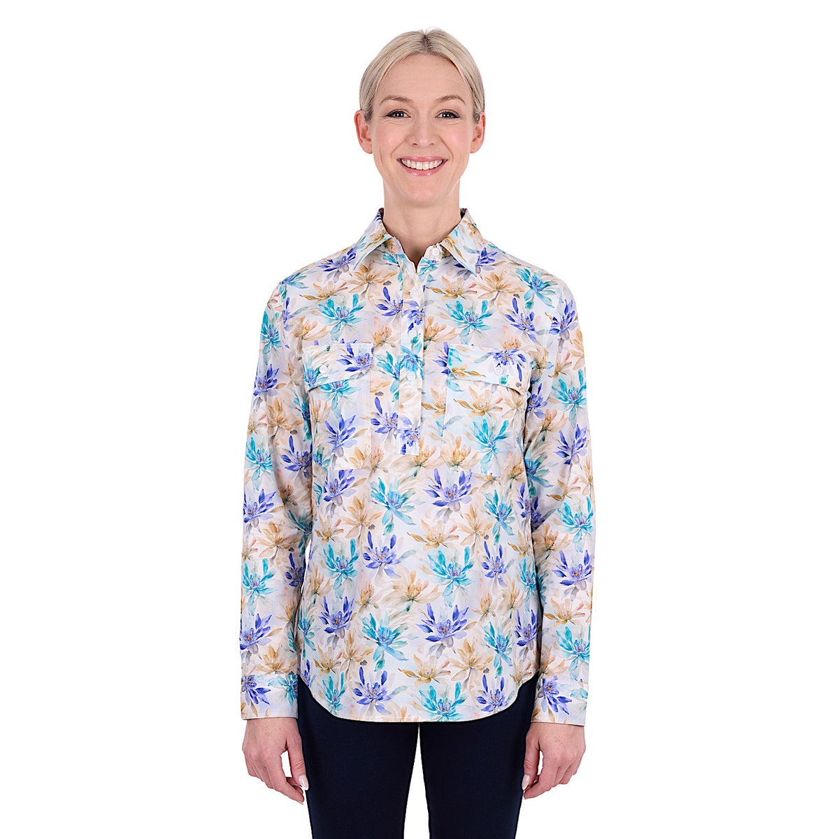Hard Slog Women's Meadow Half Placket Shirt - Blue Multi