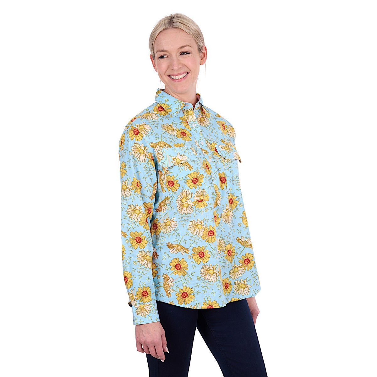 Hard Slog Women's Sunday Half Placket Long Sleeve Shirt - Blue/Yellow