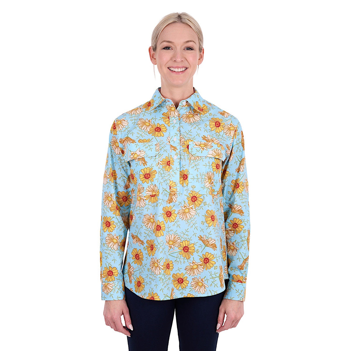 Hard Slog Women's Sunday Half Placket Long Sleeve Shirt - Blue/Yellow