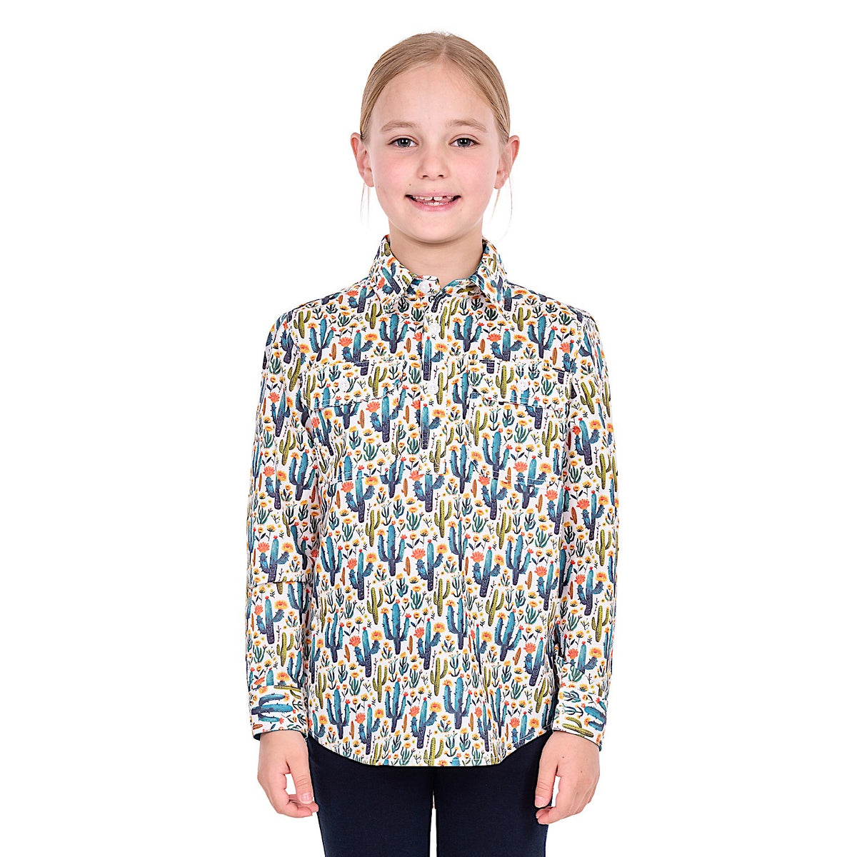 Hard Slog Girl's Alba Half Placket Shirt - Teal/Green