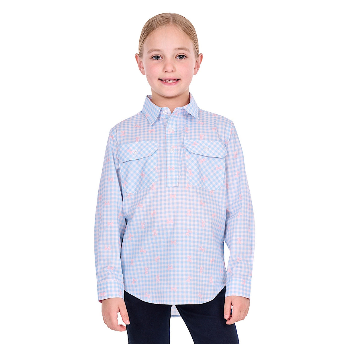Hard Slog Girl's Lillia Half Placket Long Sleeve Shirt - Pale blue/Pink