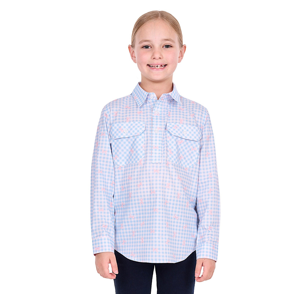 Hard Slog Girl's Lillia Half Placket Long Sleeve Shirt - Pale blue/Pink