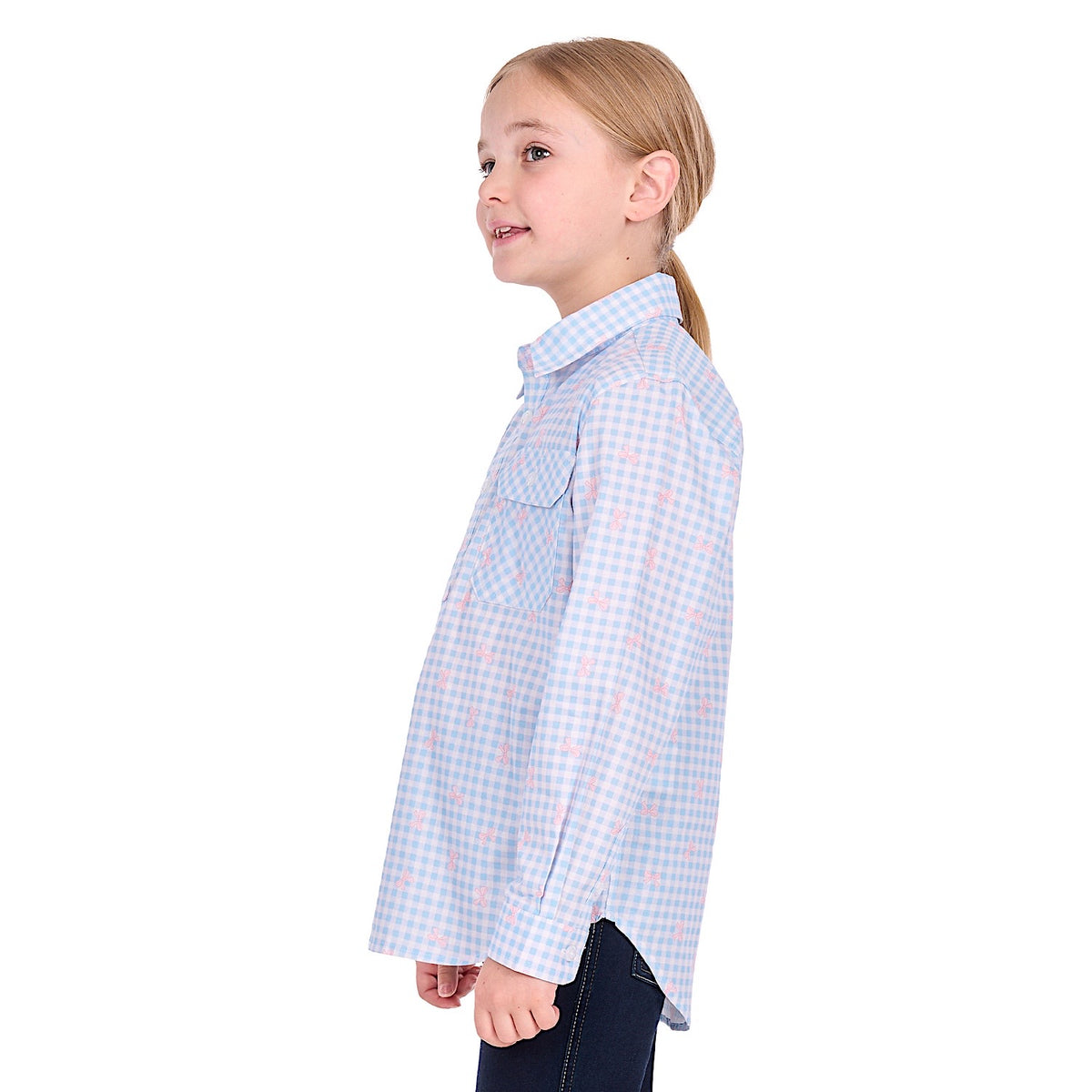 Hard Slog Girl's Lillia Half Placket Long Sleeve Shirt - Pale blue/Pink