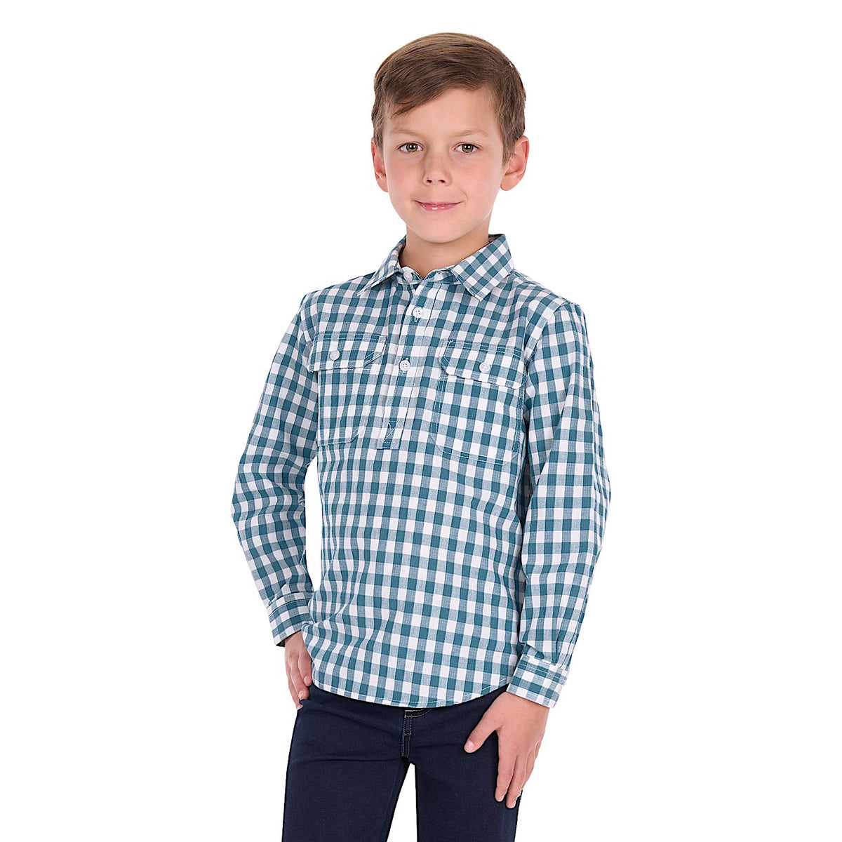 Hard Slog Boy's  River Half Placket Long Sleeve Shirt - Teal