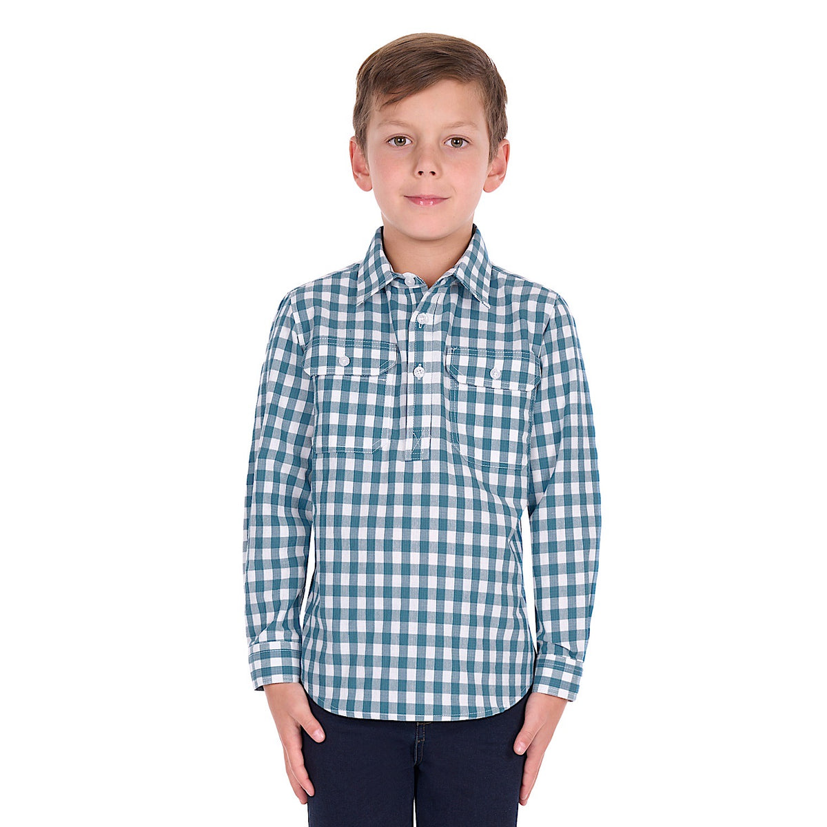 Hard Slog Boy's  River Half Placket Long Sleeve Shirt - Teal