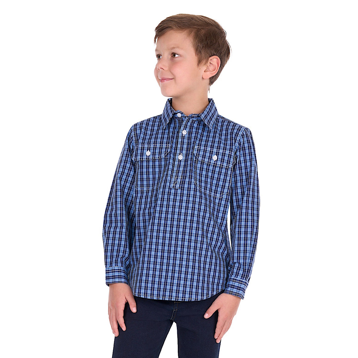 Hard Slog Boy's Wyatt Half Placket Long Sleeve Shirt - Blue