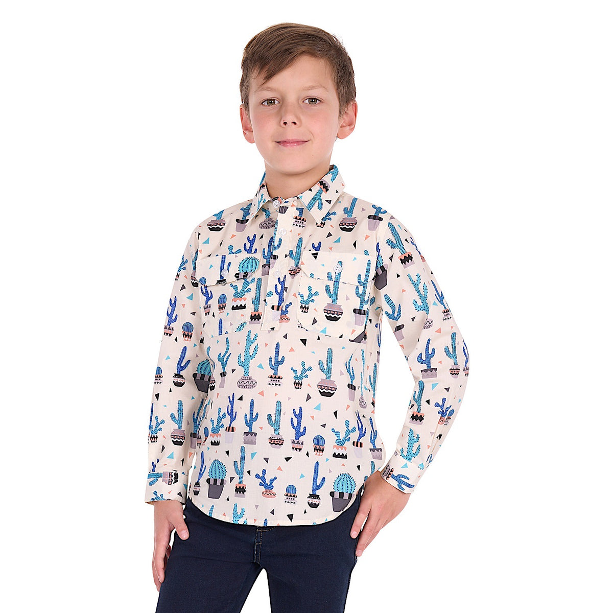 Hard Slog Boy's Rocky Half Placket Long Sleeve Shirt - Cream/Blue Multi