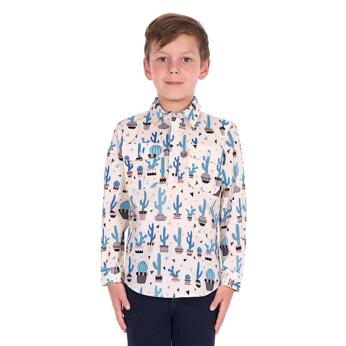 Hard Slog Boy's Rocky Half Placket Long Sleeve Shirt - Cream/Blue Multi