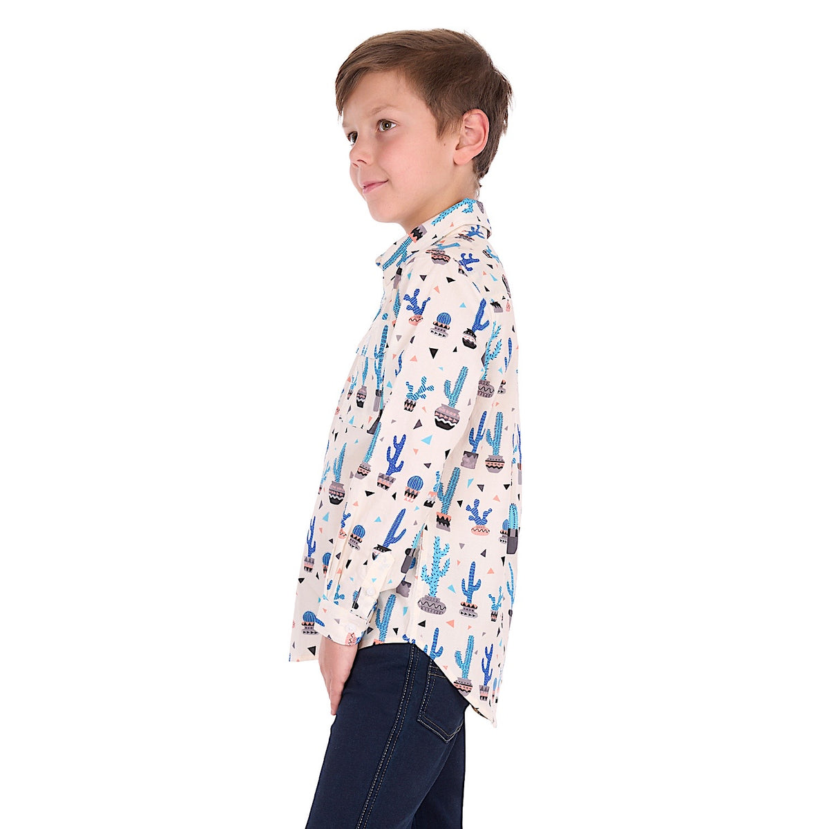 Hard Slog Boy's Rocky Half Placket Long Sleeve Shirt - Cream/Blue Multi