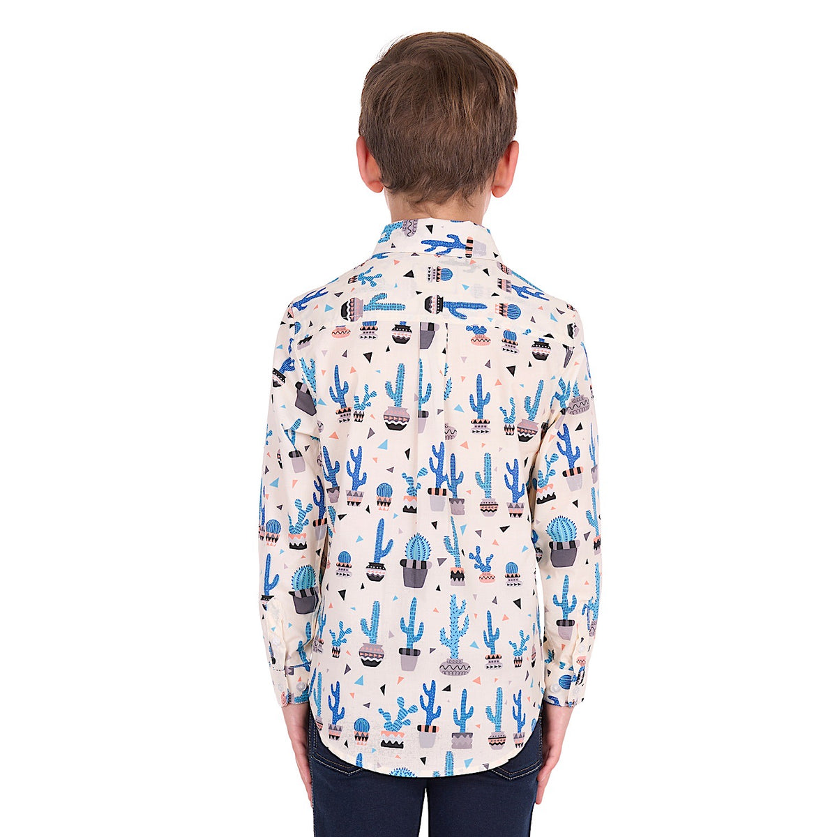 Hard Slog Boy's Rocky Half Placket Long Sleeve Shirt - Cream/Blue Multi