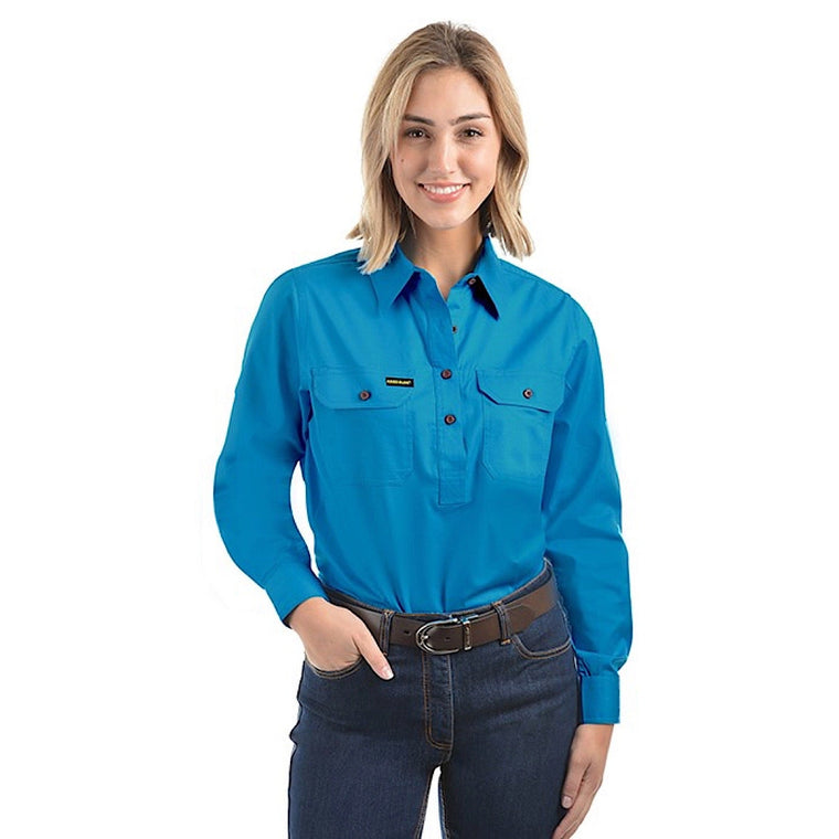 Hard Slog Women's Half Placket Light Cotton Shirt - Bright Blue