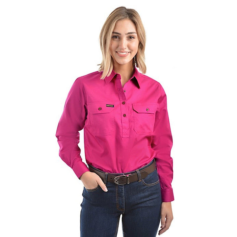 Hard Slog Women's Half Placket Light Cotton Shirt - Bright Pink