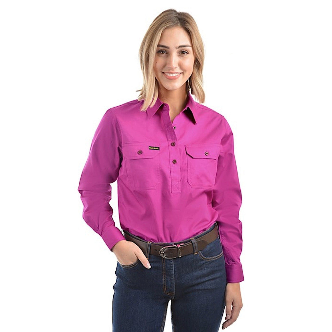 Hard Slog Women's Half Placket Light Cotton Shirt - Fuschia