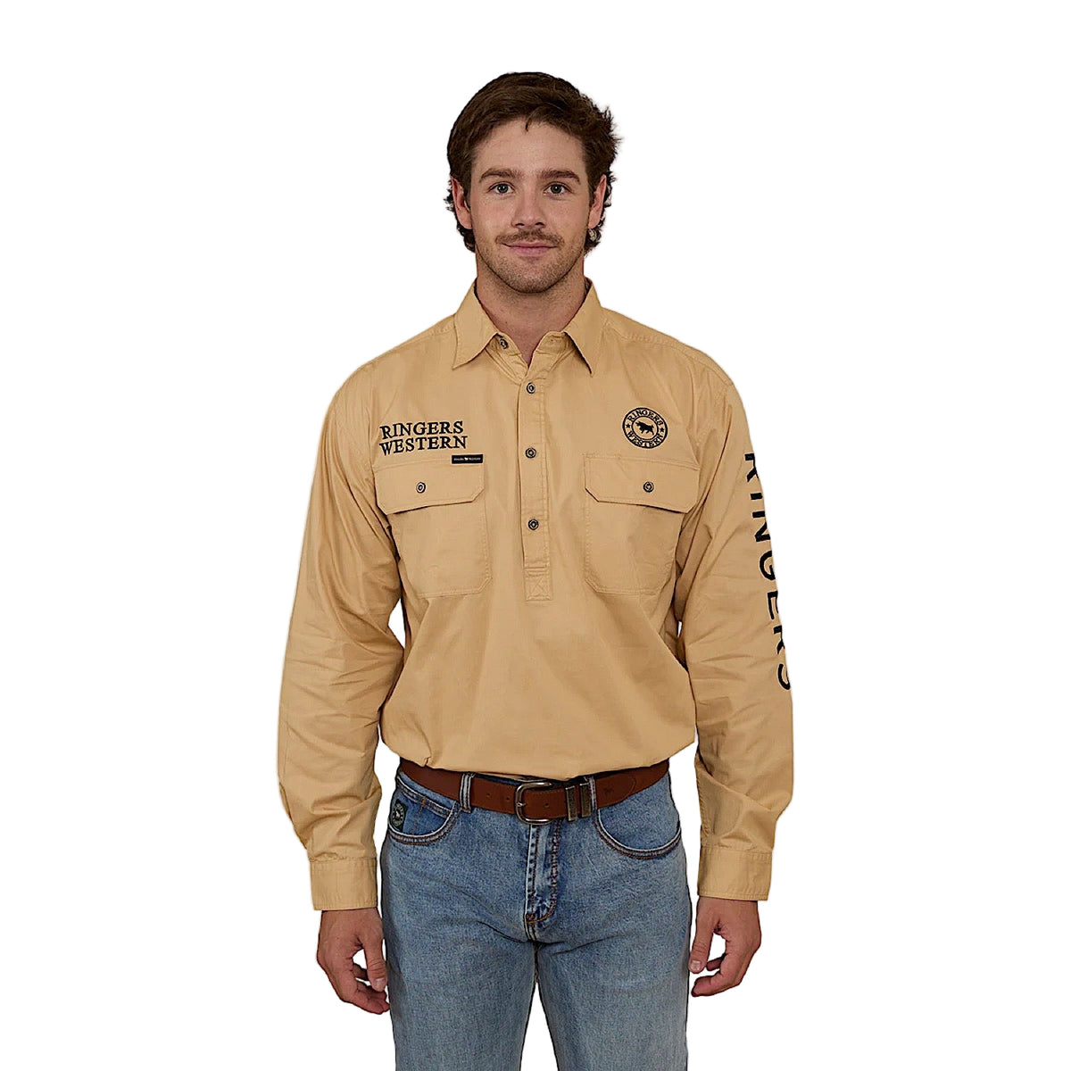 Ringers Western Men’s Hawkeye Half Button Work Shirt - Dark Sand