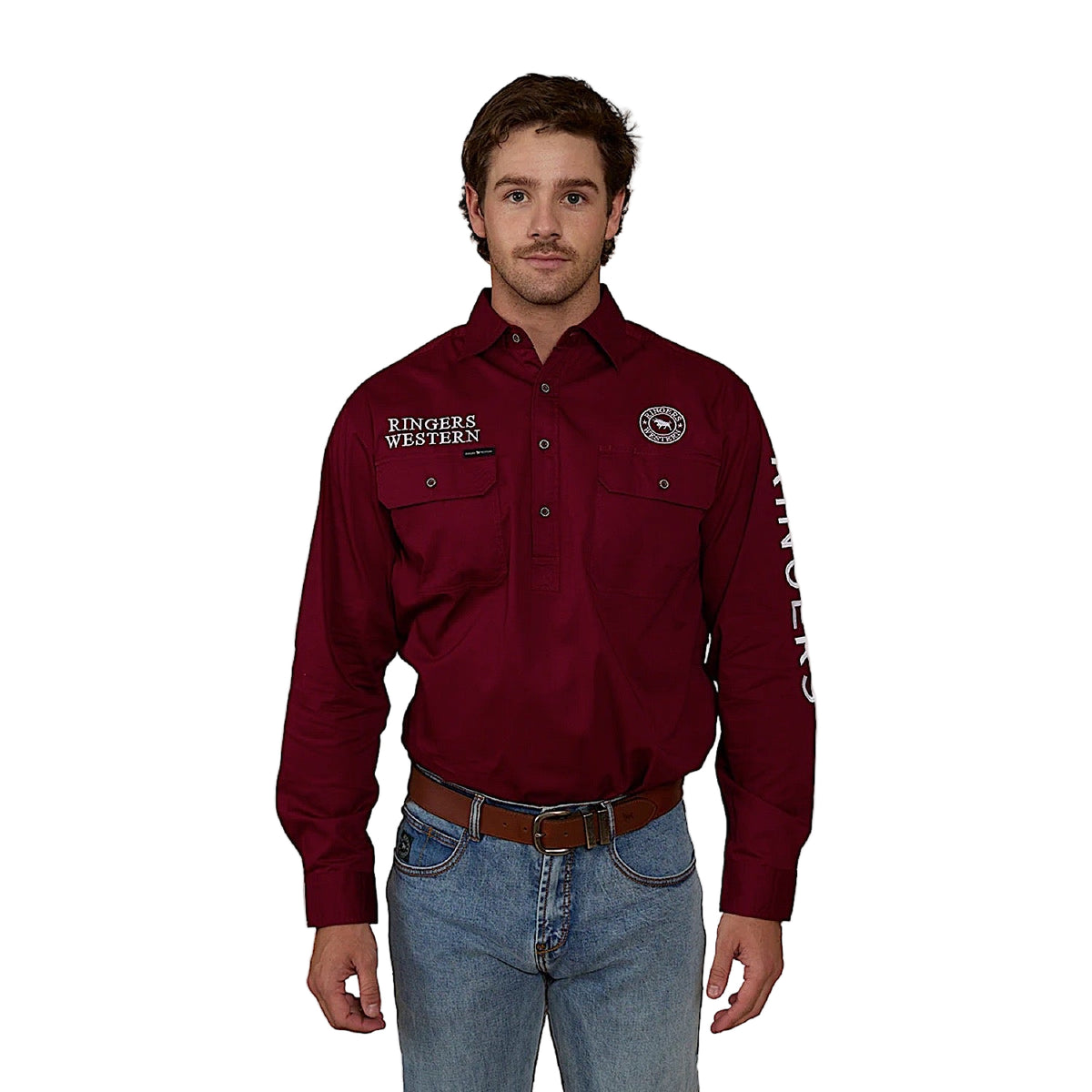 Ringers Western Men’s Hawkeye Half Button Work Shirt - Burgundy