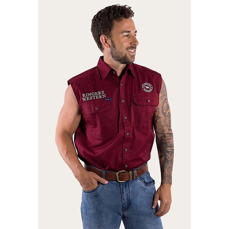 Ringers Western Hawkeye Men's Sleeveless Work Shirt - Burgundy/White