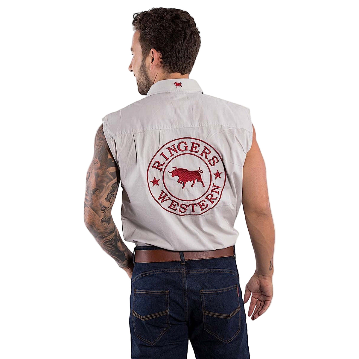 Ringers Western Men's Hawkeye Sleeveless Work Shirt - Beige/Dark Red