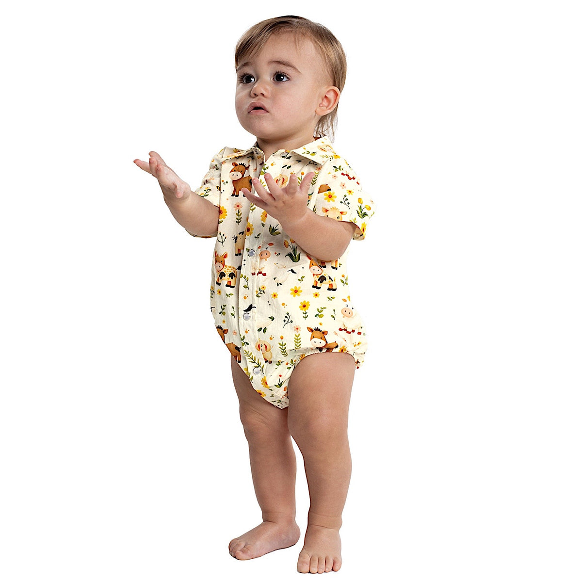 Just Country Infant Frankie Short Sleeve Full Button Jumpsuit - Cream Animal Nursery