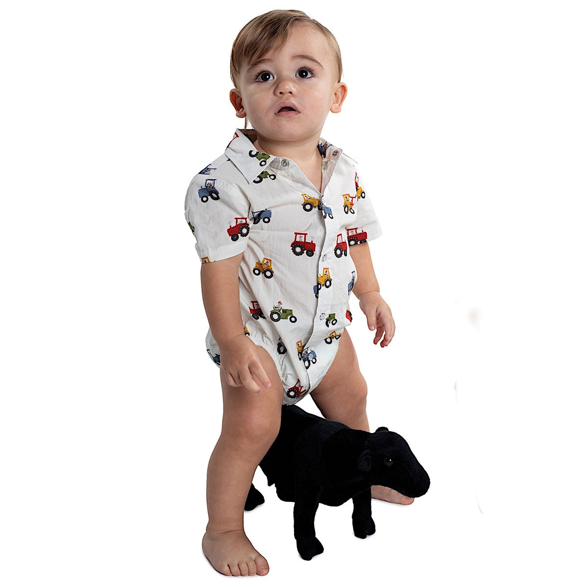 Just Country Infant Frankie Short Sleeve Full Button Jumpsuit - Stone Tractors
