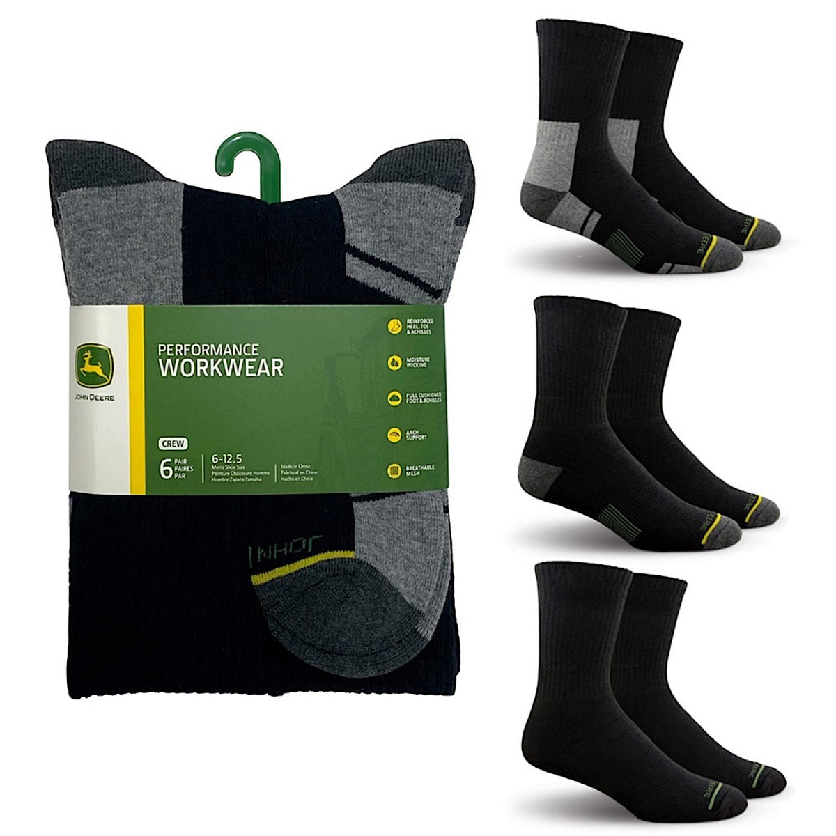 John Deere 6 Pack Crew Performance Socks - Black