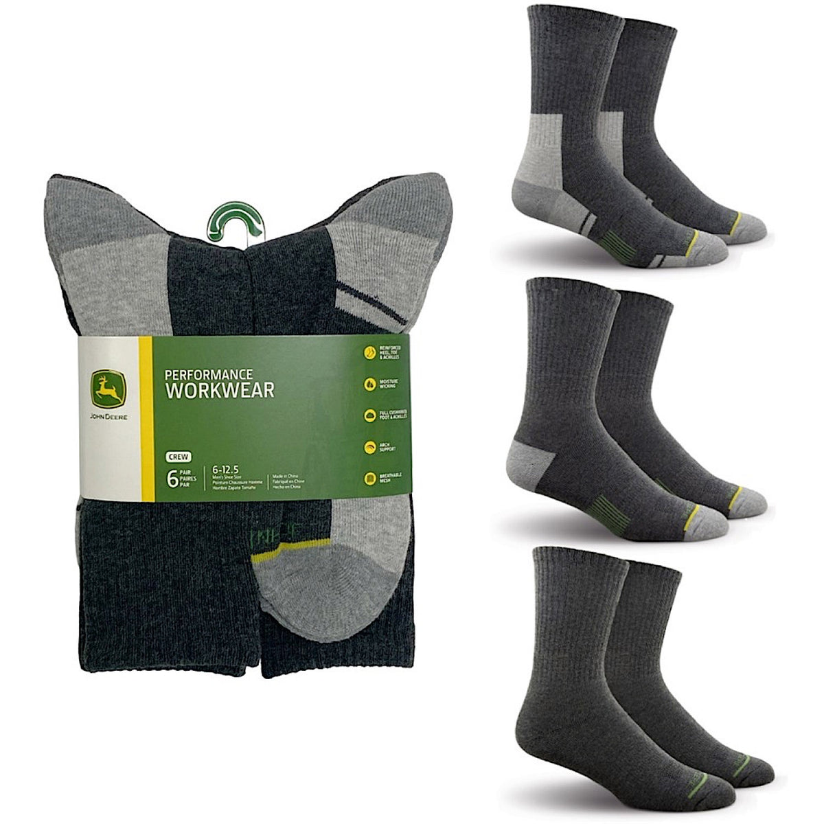 John Deere 6 Pack Crew Performance Socks - Grey