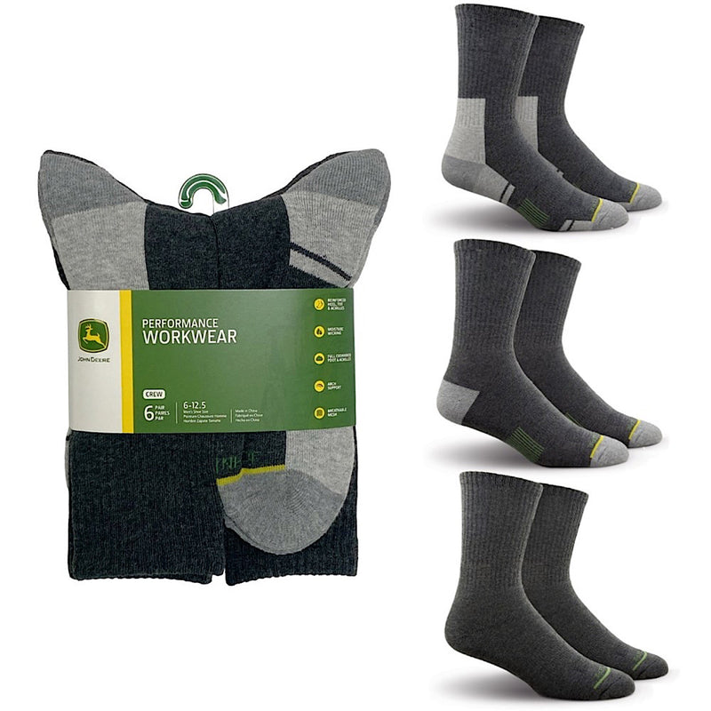 John Deere 6 Pack Crew Performance Socks - Grey