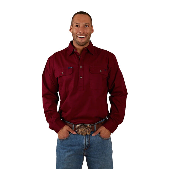 Ringers Western King River Men's Half Button Work Shirt - Burgundy