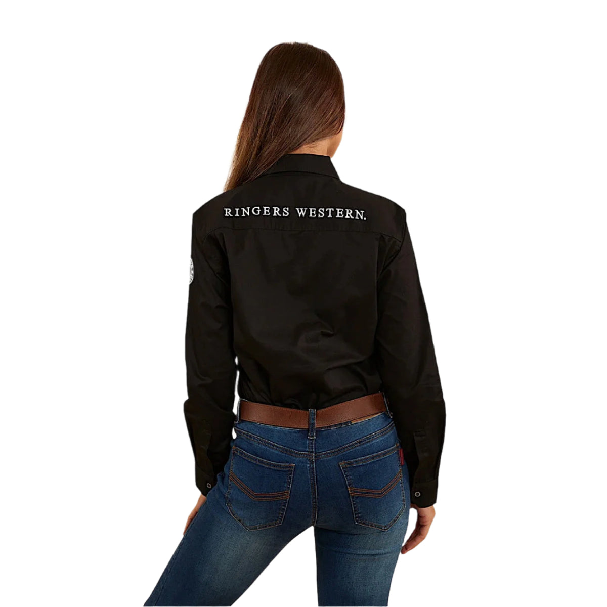 Ringers Western Women’s Longdale Half Button Work Shirt - Black/Melon