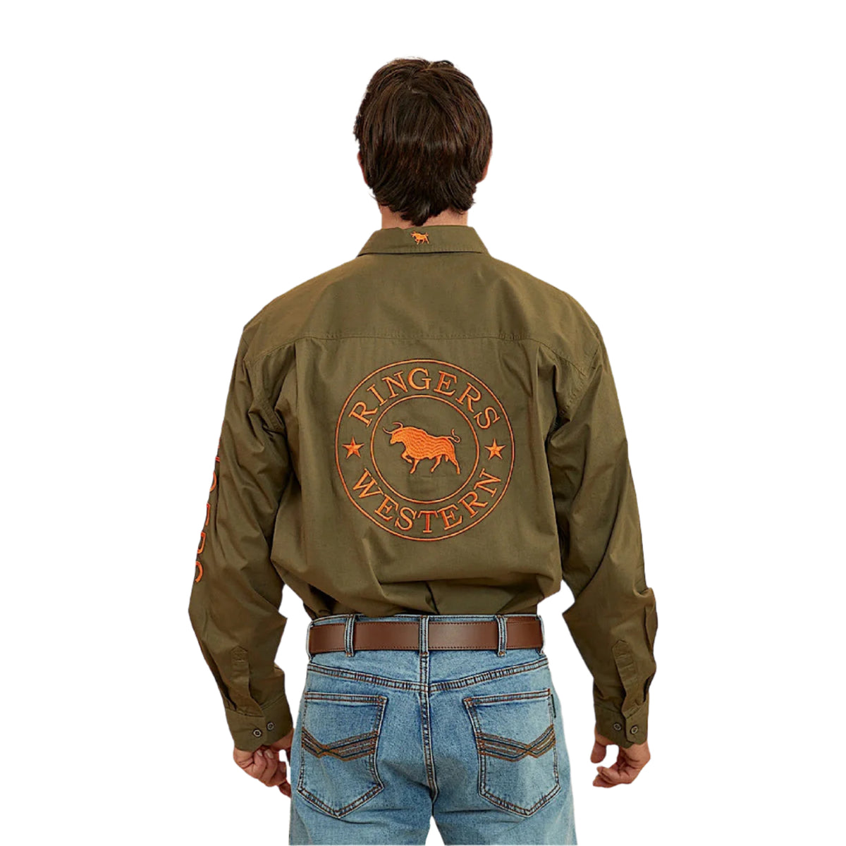 Ringers Western Men’s Hawkeye Full Button Work Shirt - Military Green/Orange