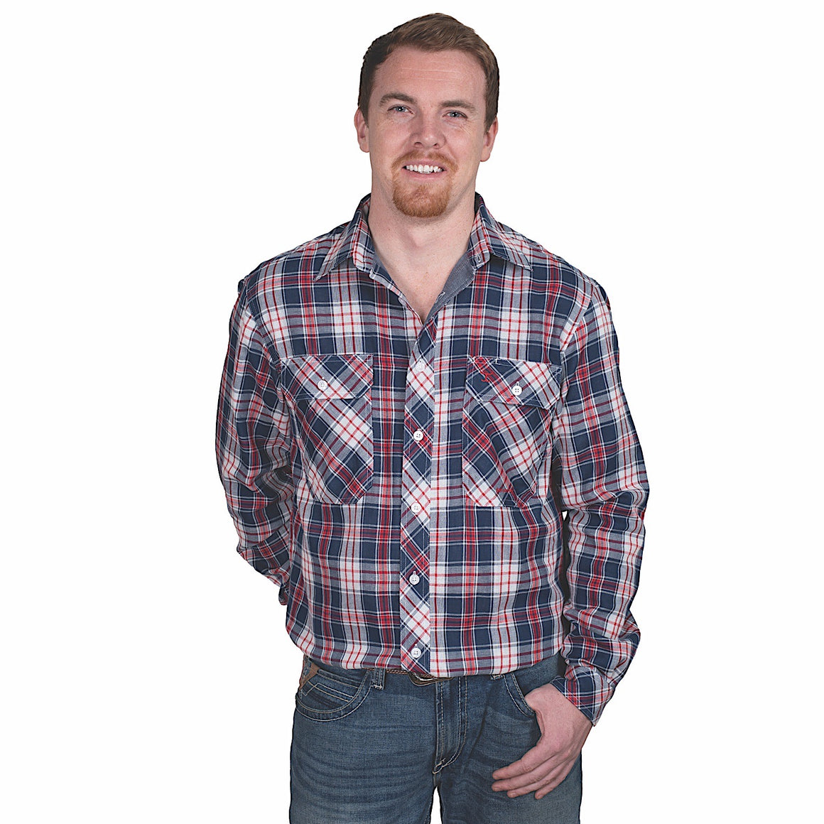 Just Country Men's Austin Full Button Print Workshirt Chilli/Navy Check