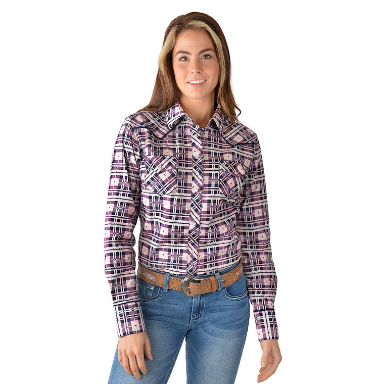 Pure Western Womens Victoria Check Western Long Sleeve Shirt-Navy/Multi