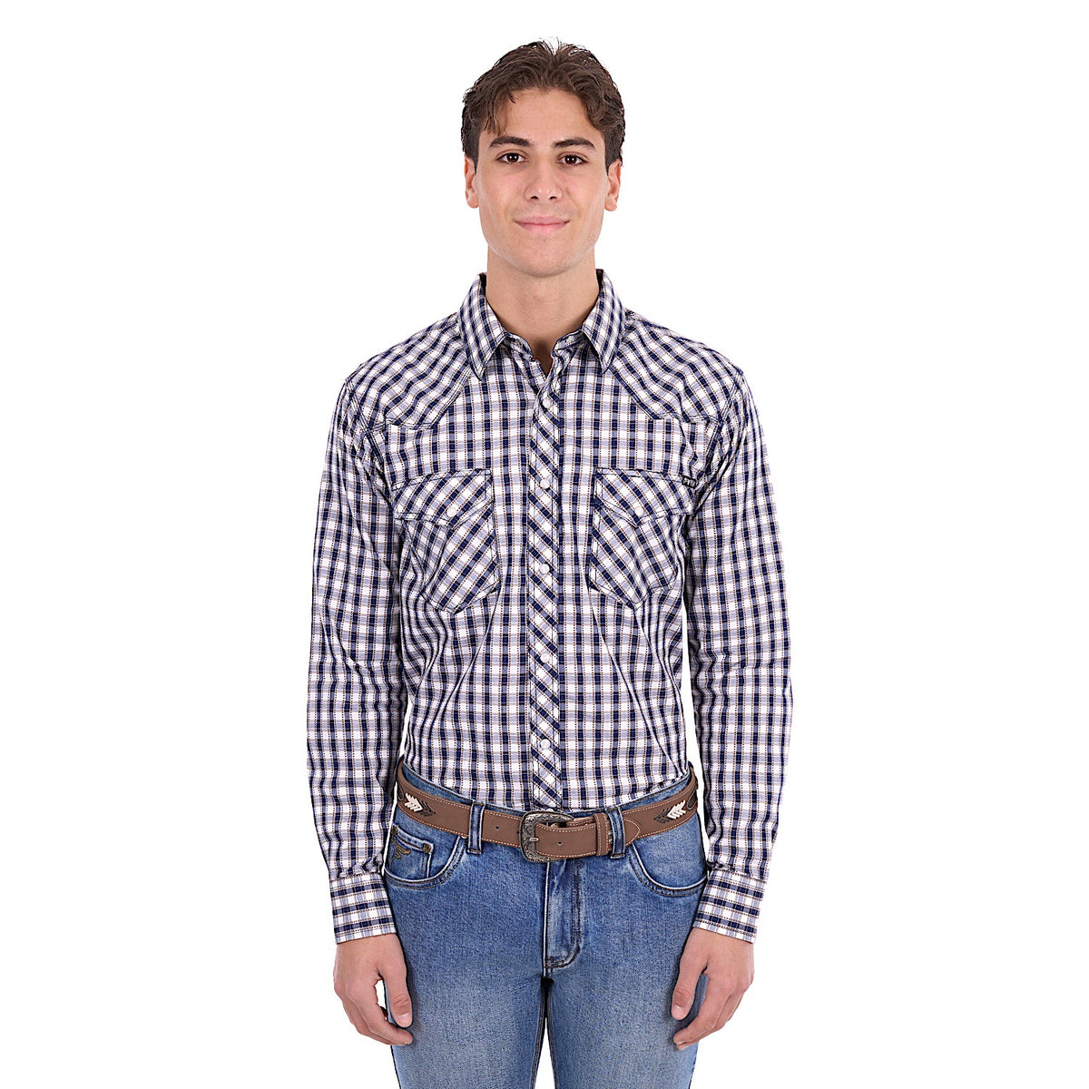Pure Western Men's George Shirt - Navy/Tan