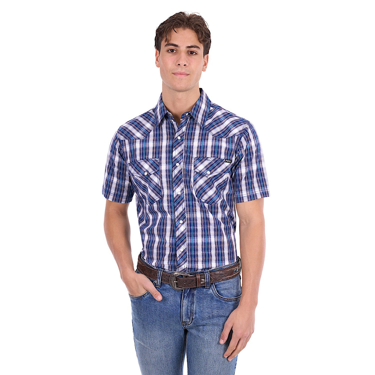 Pure Western Men's Larry Short Sleeve Shirt - Navy/Blue
