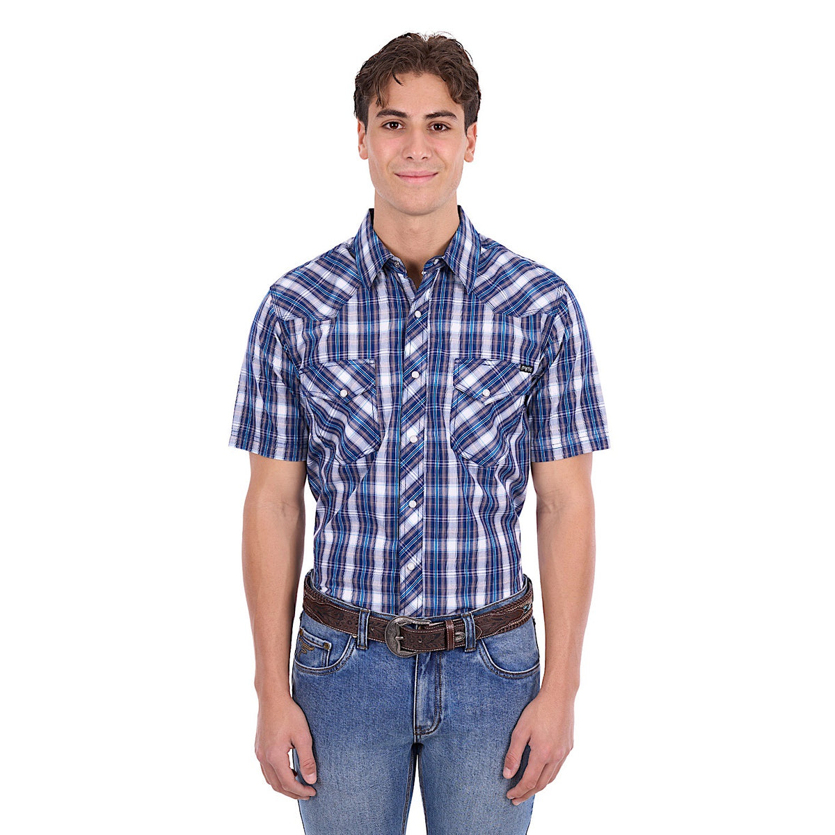 Pure Western Men's Larry Short Sleeve Shirt - Navy/Blue