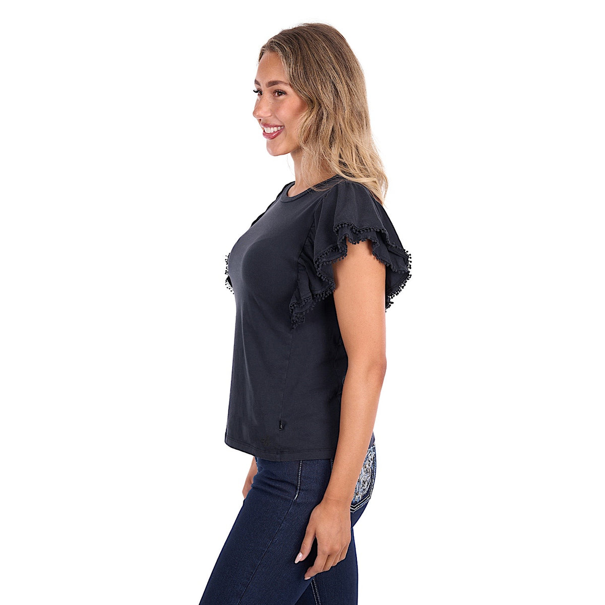 Pure Western Women's Leah Flutter Tee - Washed Black
