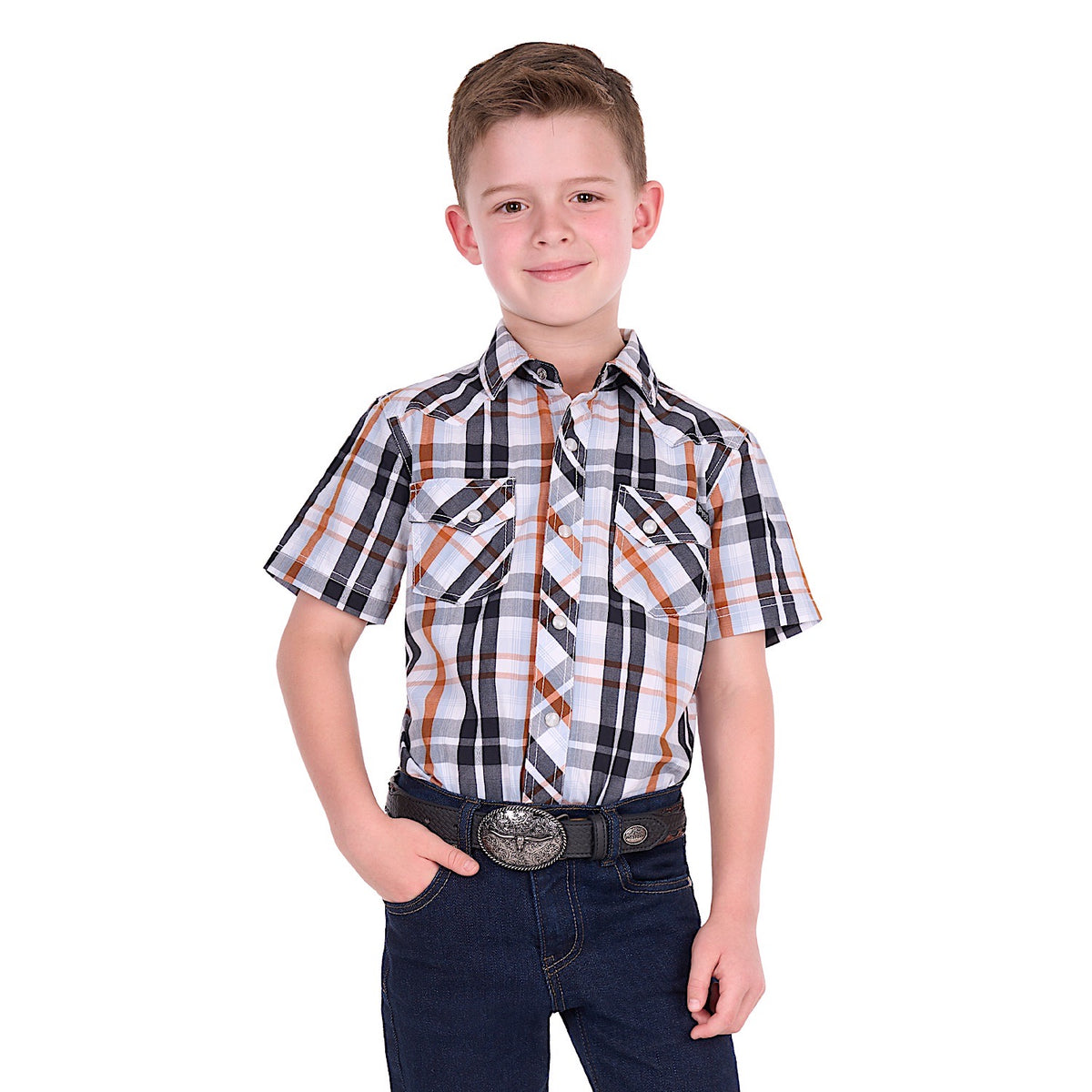 Pure Western Boy's Terry Short Sleeve Shirt - Black/Rust