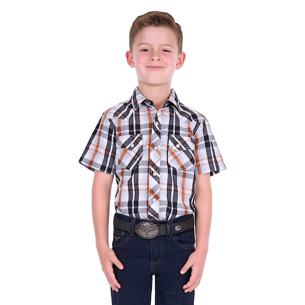 Pure Western Boy's Terry Short Sleeve Shirt - Black/Rust