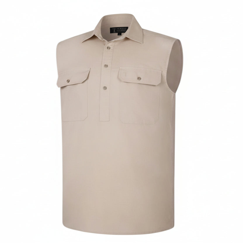 Pilbara Men's Closed Front Sleeveless Shirt - Stone