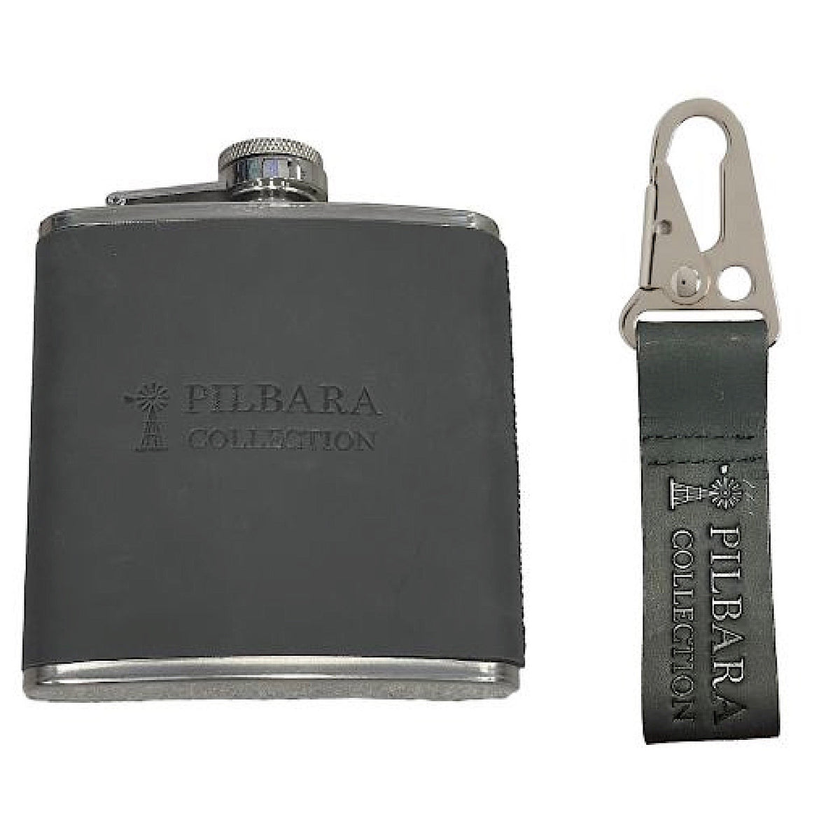 Pilbara Leather Keychain & Hip Flask - Black